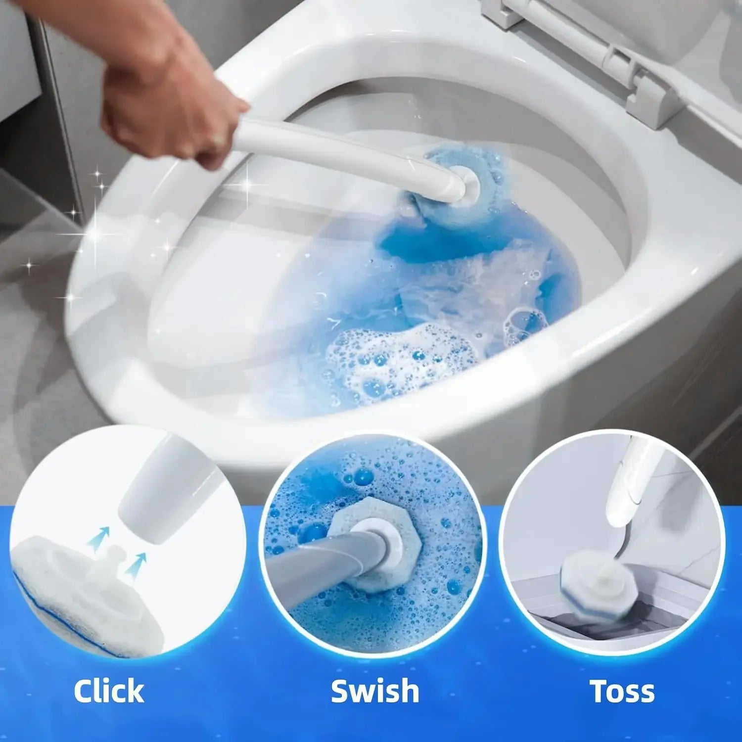 ClickClean toilet brush: click on a head, swish the bowl, toss the used head